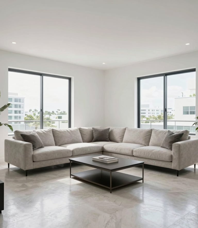 A professionally restored modern living room in a Miami home with clean white walls and polished floors, bright natural light coming through large windows, high-quality architectural photography style.