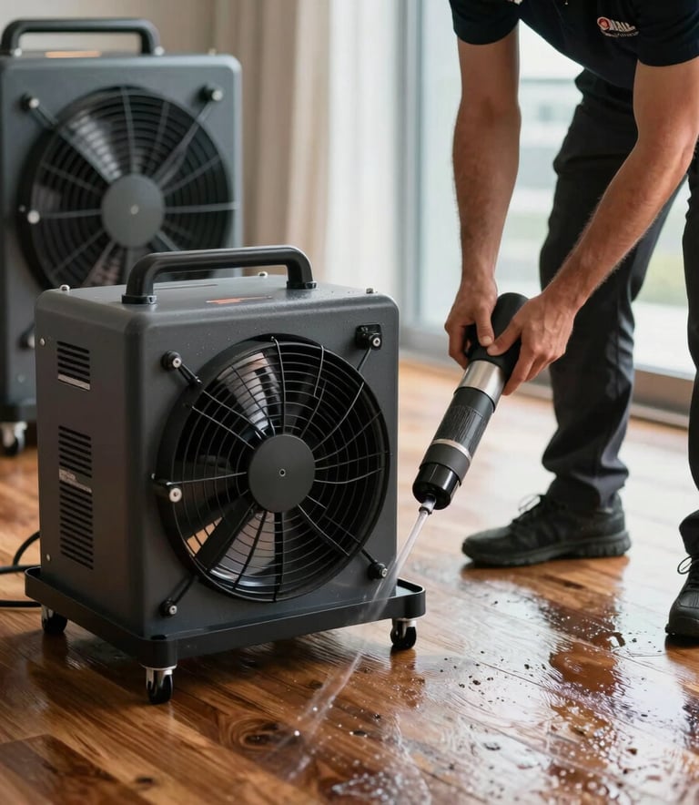 Industrial-grade water extraction equipment and drying fans deployed on a wet hardwood floor in a luxury Miami apartment, highlighting professional response.