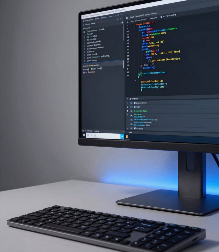 A close-up photograph of a sleek, high-end workstation with a minimalist keyboard and a monitor showing sophisticated software code, set against a soft gray wall with elegant blue ambient light, Global / International.