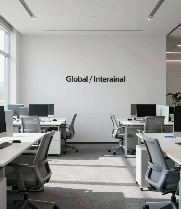 A wide-angle shot of a minimalist, sun-drenched office space featuring a clean layout with white desks and soft gray ergonomic chairs, accented by subtle blue lighting, Global / International.