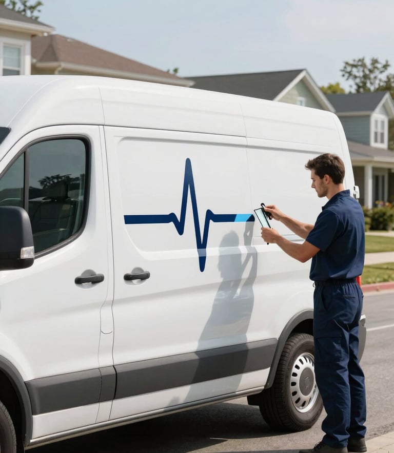 A clean, white professional service van with a subtle dark blue and steel blue heartbeat-line decal parked on a tidy North American suburban street. A technician in a professional navy blue uniform is efficiently preparing high-end glass tools from the back of the vehicle. Bright, morning sunlight.