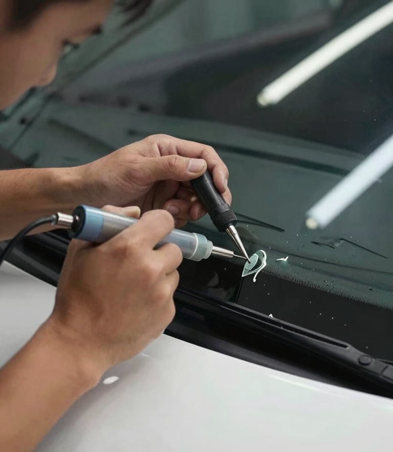 A detailed shot of a skilled technician's hands using professional resin injection tools to repair a chip in a car windshield. The lighting is crisp, and the setting is a professional auto service bay in the US. The color palette emphasizes clean dark navy and off-white.