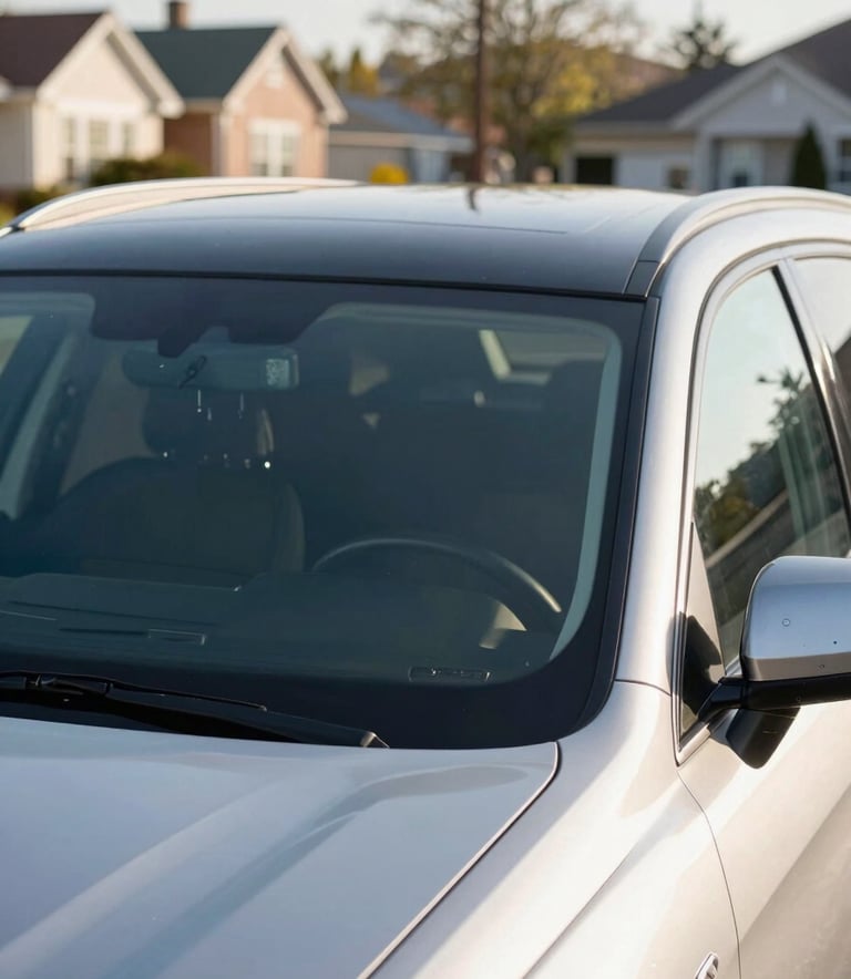 A close-up photograph of a modern SUV with a pristine, crystal-clear windshield parked on a clean suburban street in a North American neighborhood. Bright, natural morning light highlights the smooth glass and the professional finish. The background is slightly blurred with soft blue and off-white tones.