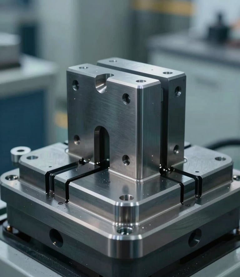 A close-up photograph of a precision-engineered industrial mold with clean edges and a polished steel finish. The lighting highlights the metallic texture with soft steel blue and dark slate grey tones. Set in a modern Middle Eastern / Turkish industrial facility with a clean, professional atmosphere.