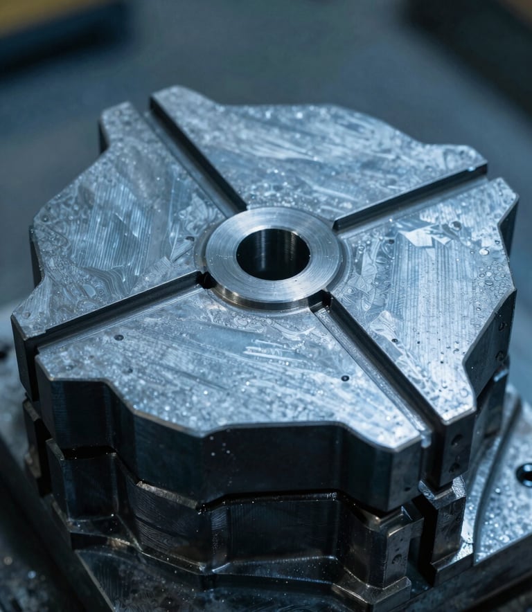 Macro photography of a high-precision industrial metal mold, focusing on the intricate textures and sharp edges. Metallic steel blue and dark slate blue tones, shot in a professional Middle Eastern / Turkish workshop environment.