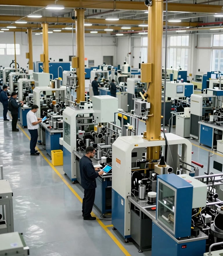An expansive view of a busy manufacturing floor in a Middle Eastern / Turkish industrial zone. The scene features high-tech machinery and organized workstations under bright, clear lighting. The atmosphere is authoritative and established, featuring industrial gold and steel blue accents.
