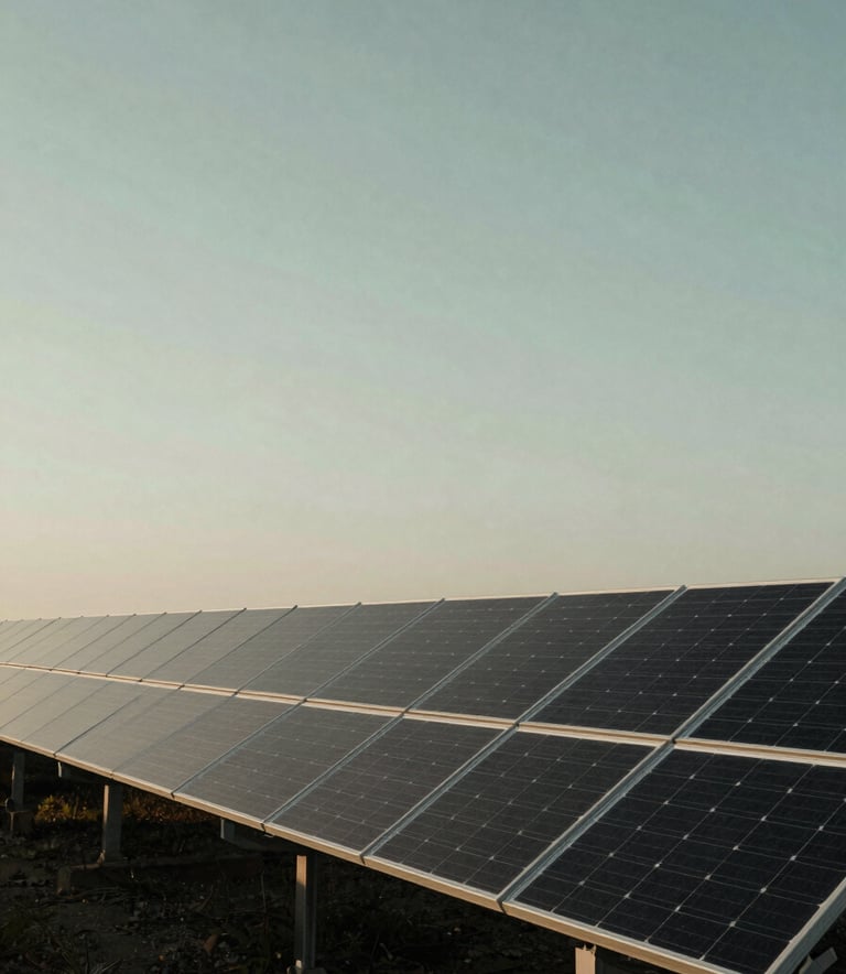 A wide-angle, professional photograph of a solar park at dusk. The sky is a soft sage green and grey, reflecting off the clean, modern solar panels. The composition is clean and minimalist, emphasizing precision and scale.