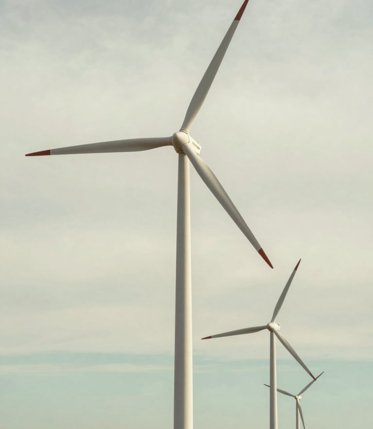 A cinematic shot of modern wind turbines standing tall against a pale off-white and soft sage green sky. The landscape is clean and well-maintained, representing sustainable and efficient energy production.