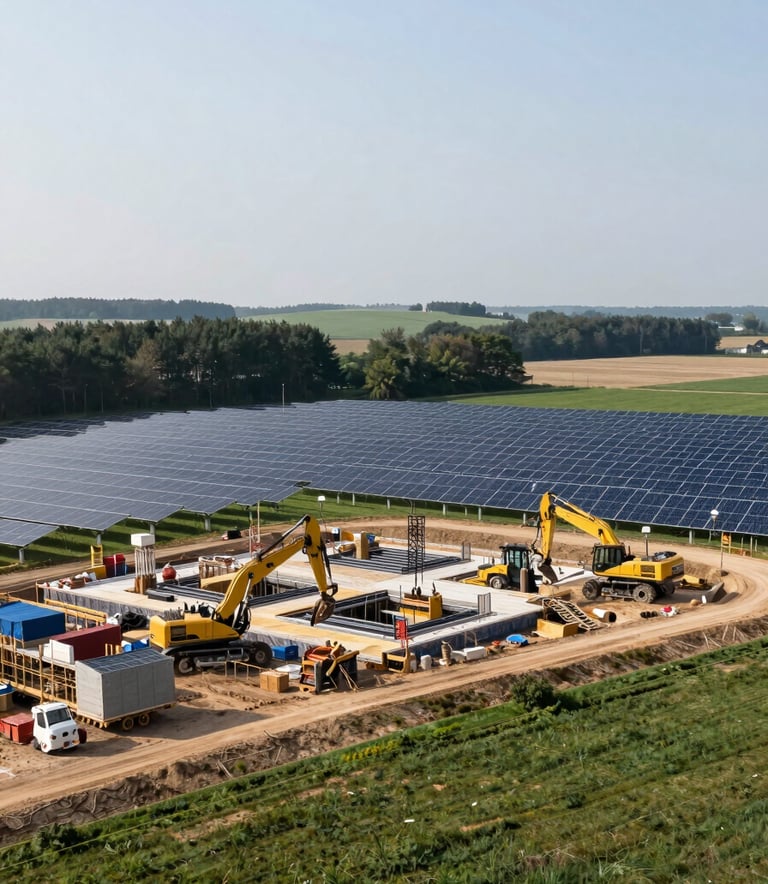 A high-angle professional photograph of a construction site for a solar farm in the German countryside. The scene shows heavy machinery and foundational structures being prepared. The sky is a clear mist white, and the surrounding fields are a deep forest green. The composition is clean and organized, reflecting modern engineering.