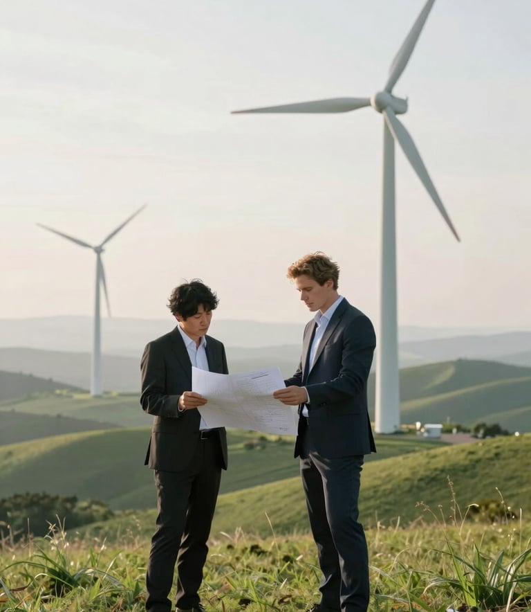 A sophisticated, clean photograph of two professionals—one Japanese and one European—standing on a grassy hill overlooking a potential wind turbine site. They are reviewing blueprints together. The lighting is soft morning light, with a palette of soft sage green hills and mist white sky.
