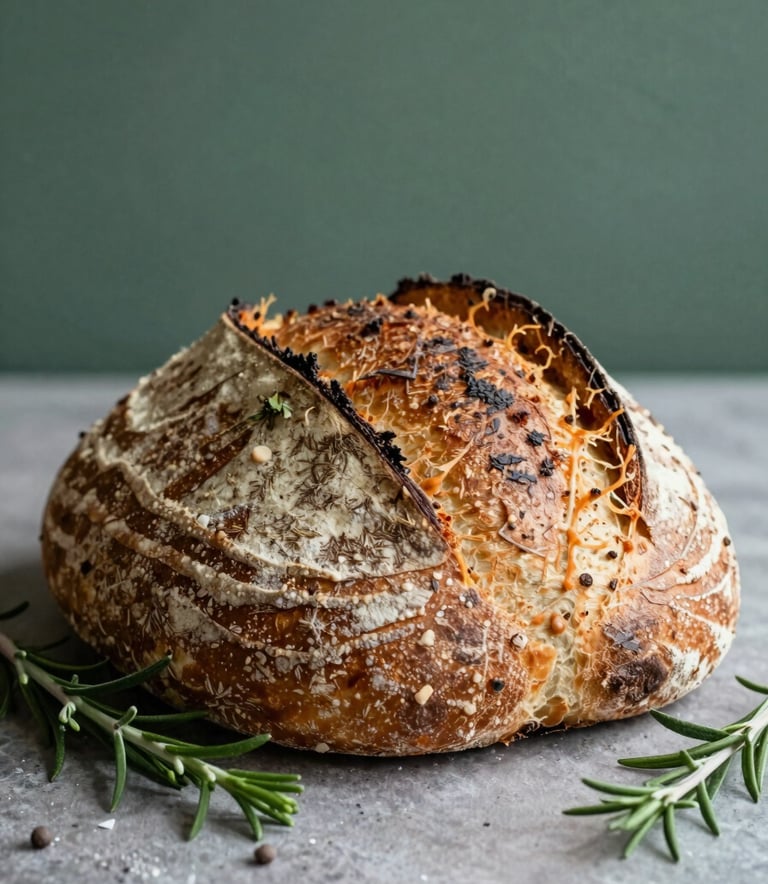 A beautifully composed close-up of an artisanal sourdough loaf and fresh herbs in a Scandinavian-style North American / US restaurant kitchen. Soft, diffused afternoon light highlighting textures of the bread and the Matte Forest Green background.