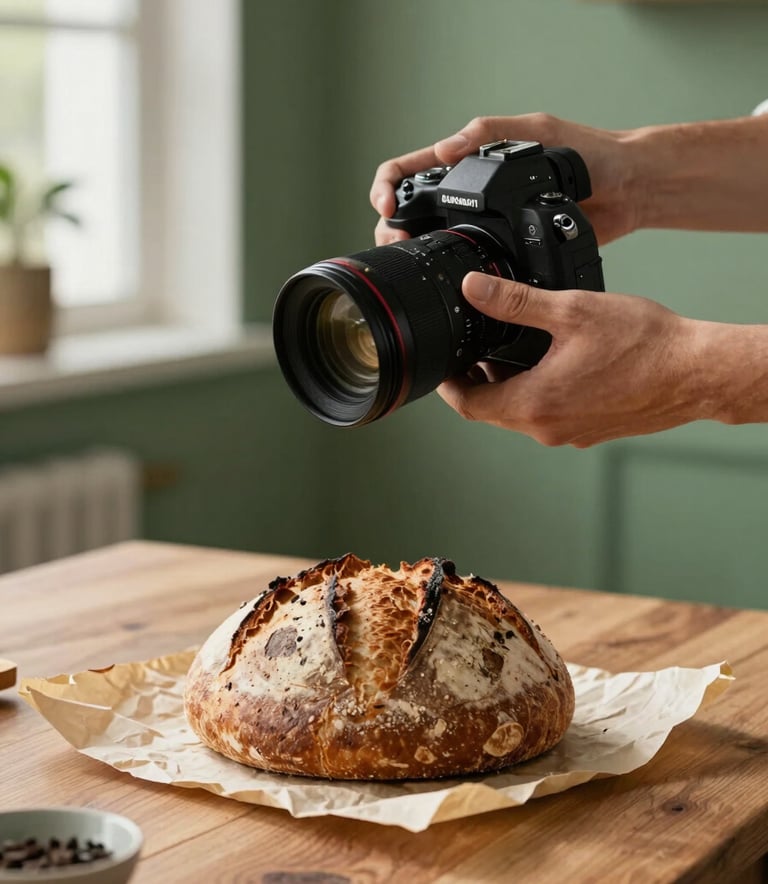 A professional digital content creator in a North American / US studio setting, focusing a camera lens on a rustic artisan loaf of bread on a Crisp Parchment wooden table. The background features Matte Forest Green accents and soft, natural morning light.