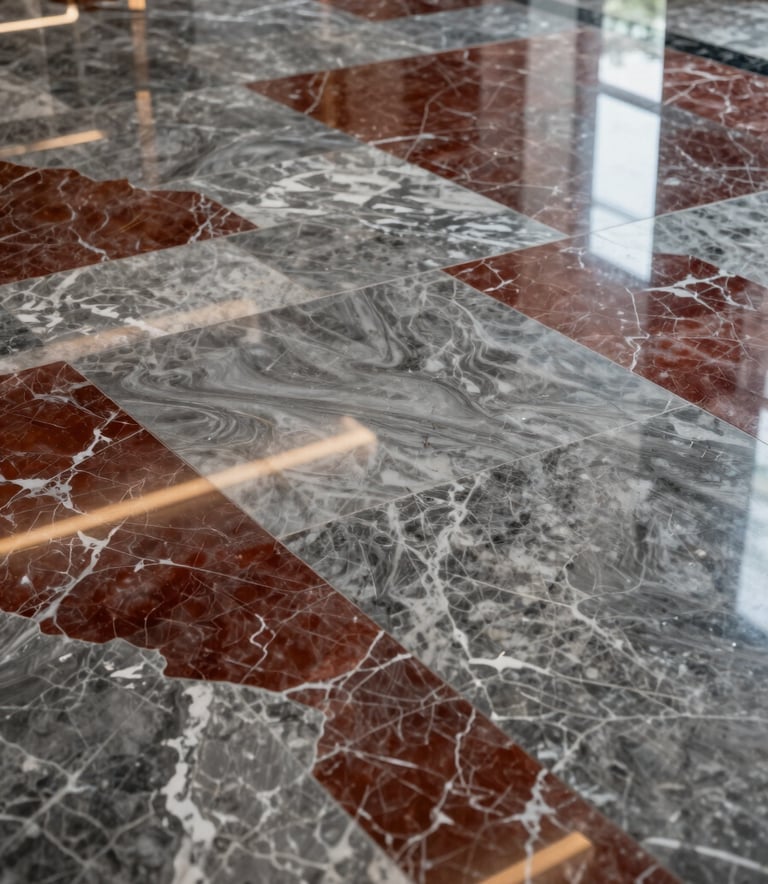 High-angle photography of a luxury hotel lobby floor featuring large, polished stone grey and deep crimson marble tiles with intricate natural patterns. The surface is highly reflective, showing high-end lighting and the robust, expert craftsmanship of the stone installation.