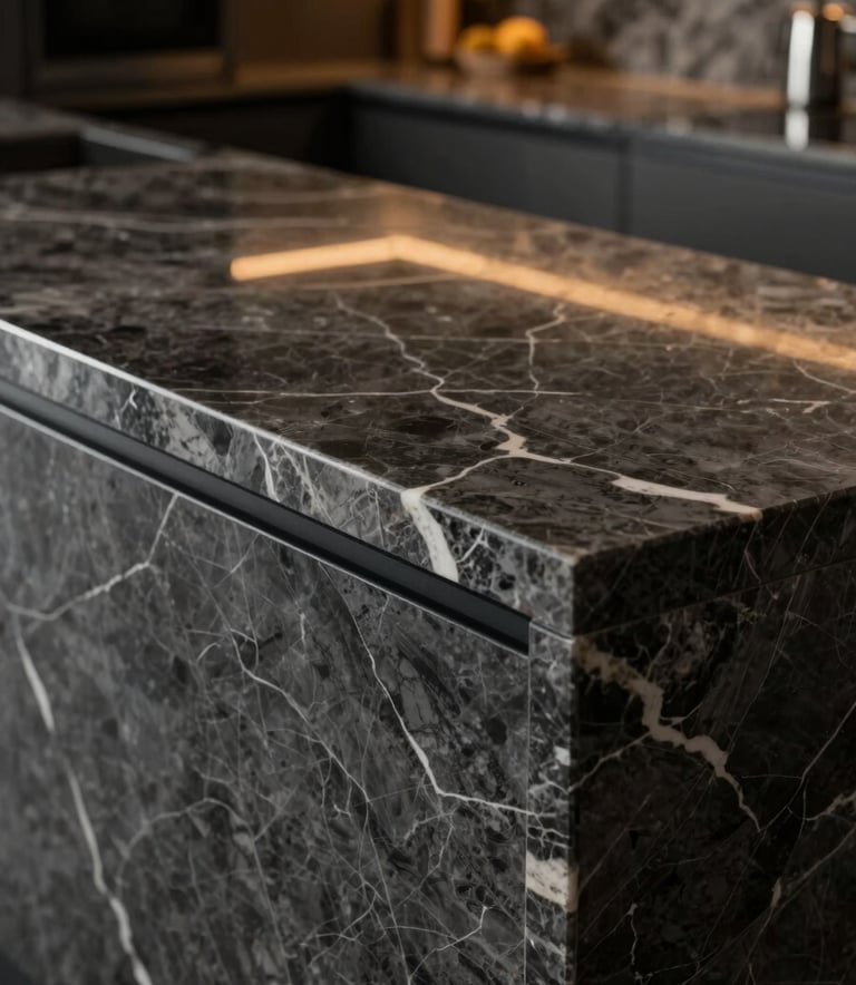 A sophisticated modern kitchen scene showcasing a premium polished dark charcoal marble countertop with elegant soft white veins. The lighting is warm and cinematic, highlighting the smooth texture and professional edge finishing of the stone work.