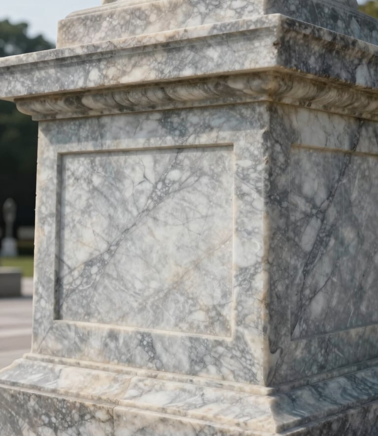 A professionally photographed marble monument in a serene outdoor setting, showing fine carving details and the smooth texture of silver grey and soft off-white natural stone under soft daylight.