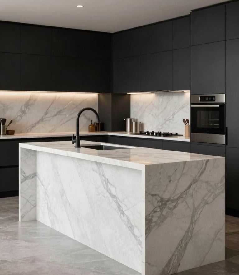 A luxurious modern kitchen featuring a wide, seamless island made of premium soft off-white marble with subtle silver grey patterns, set against charcoal black cabinets.