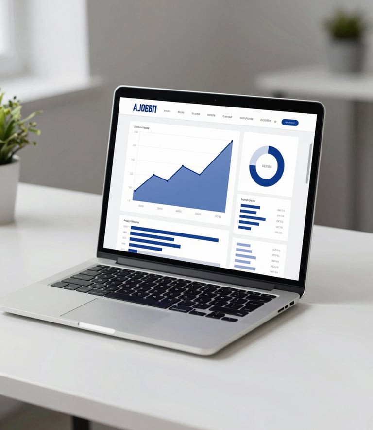 A sophisticated, minimalist office setting featuring a high-end laptop on a white desk. The screen displays growth charts and marketing metrics. The aesthetic is clean and results-driven, incorporating deep blue shadows (#0B132B) and crisp modern lines.
