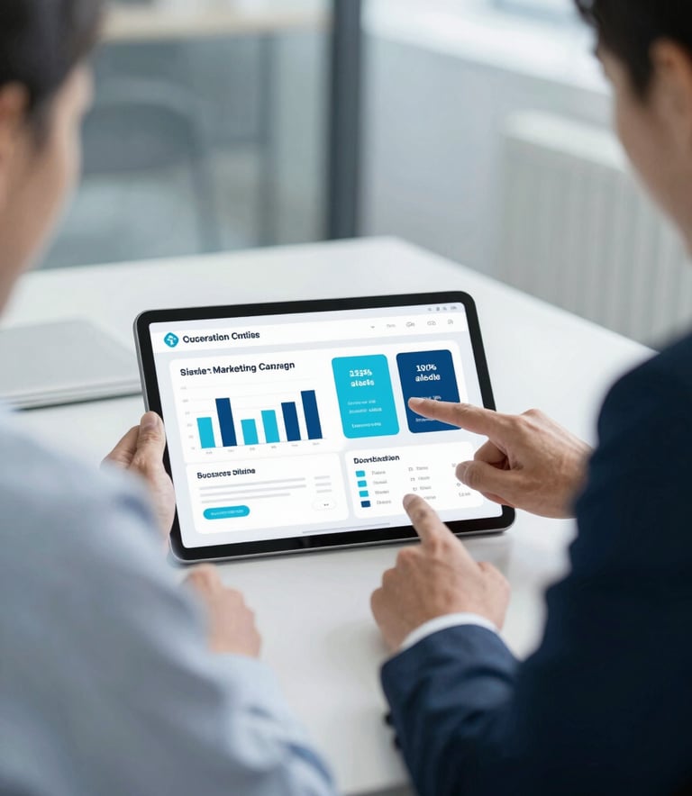 A professional business meeting scene showing two people pointing at a tablet screen displaying a successful marketing campaign result. Soft lighting, modern office environment, using a cool blue palette including #E0FBFC and #3A506B.