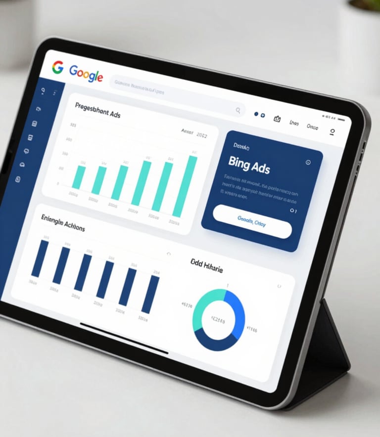 A close-up, sharp-focus image of a sleek tablet displaying professional Google and Bing Ads analytics dashboards. The environment is a clean, modern workspace with soft lighting. The color palette emphasizes professional tones of #3A506B and #1C2541 with bright #E0FBFC highlights from the screen.