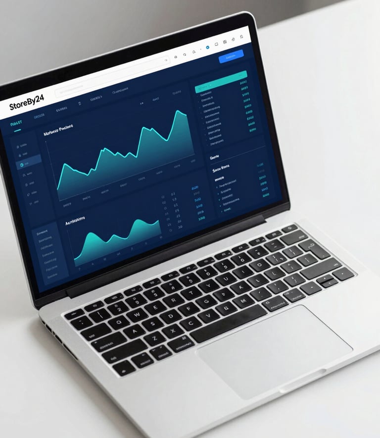 A clean, modern top-down view of a professional desk with a laptop displaying a complex digital marketing analytics dashboard with blue and teal line graphs. The setting is professional and reflects the results-driven mood of StoreBy24 using the #0B132B and #3A506B palette.