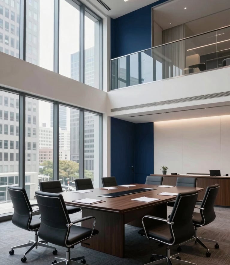 A wide-angle professional photograph of a sophisticated, modern corporate boardroom in a North American city. The scene features clean architectural lines, glass walls, and soft natural lighting. The color palette includes deep navy blue and off-white tones, conveying an atmosphere of established authority and strategic consulting.