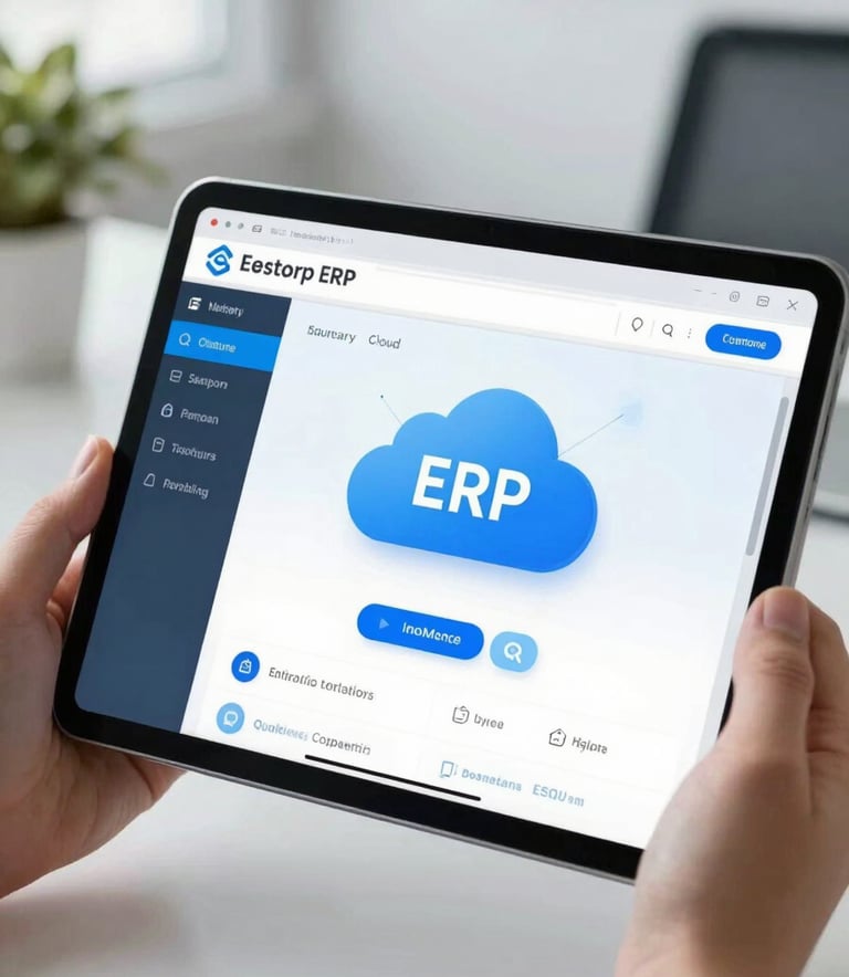 A close-up photograph of a high-resolution tablet displaying a clean enterprise software interface, held by hands in a professional setting. The focus is sharp on the screen, symbolizing cloud ERP technology. The background is a bright, modern North American office. Colors include light blue and navy blue.