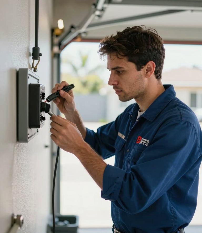 A professional technician wearing a dark blue uniform (#2B4E72) with a red logo (#B03A2E) is inspecting a garage door opener system in a well-lit residential garage in Los Angeles. The composition is a medium shot focusing on expertise and high-quality tools.