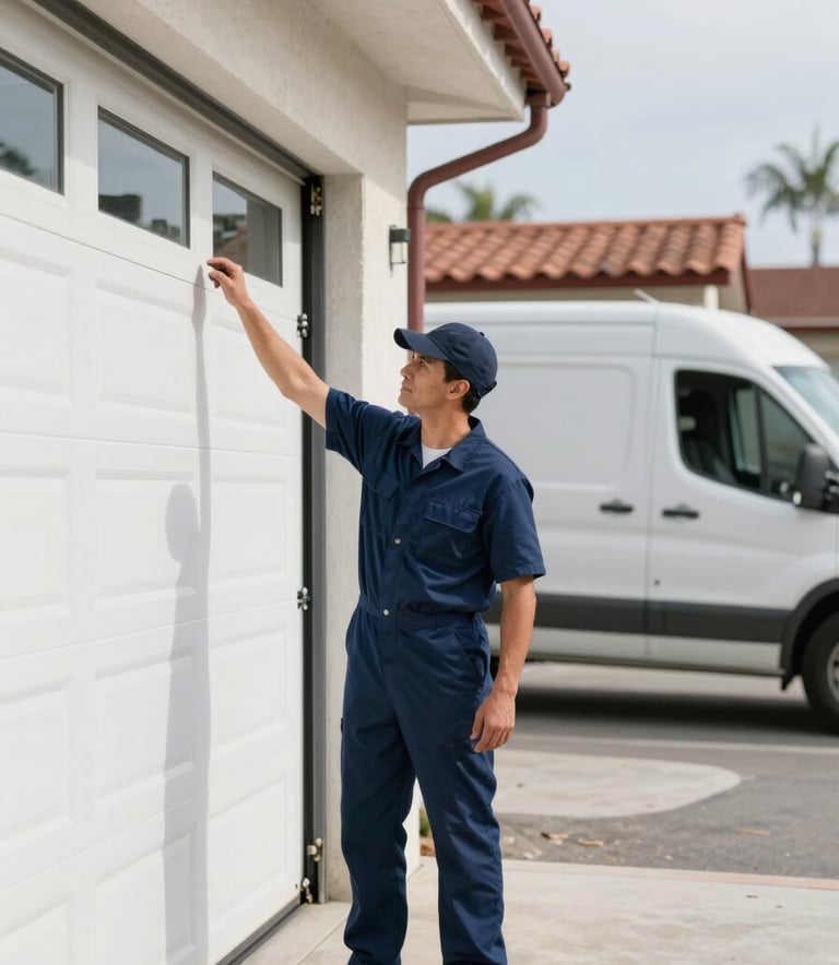 A professional garage door technician in a neat navy blue uniform inspecting a modern garage door in a bright Los Angeles driveway. The lighting is clean and professional, using a color palette of dark blue, white, and subtle red accents on the service van in the background.