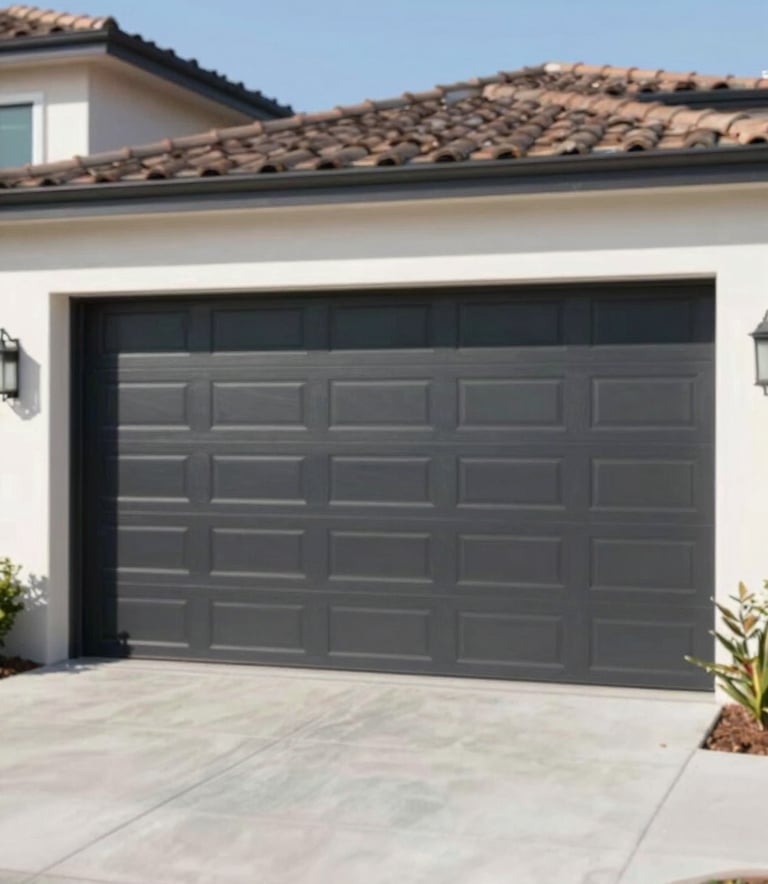 A high-quality, modern garage door installation with sleek dark panels, showcasing professional craftsmanship. The setting is a luxury home in Los Angeles under bright, clear daylight. The mood is trustworthy and premium.