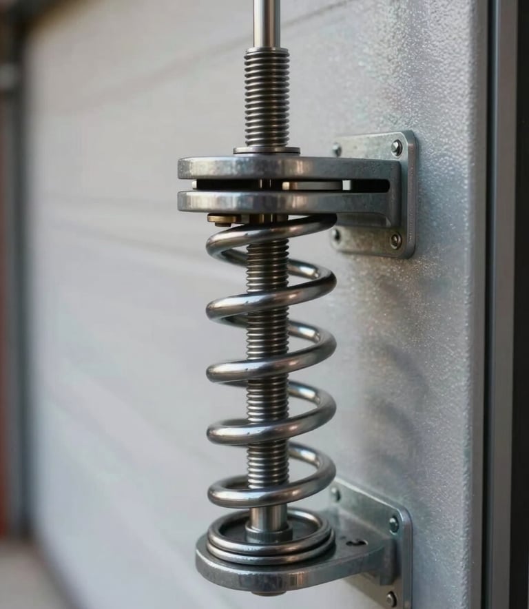 Close-up of a new, heavy-duty torsion spring being installed on a garage door. The image has a clean, mechanical look with high-contrast lighting, highlighting the durability of the components. Metallic silver and charcoal tones dominate.