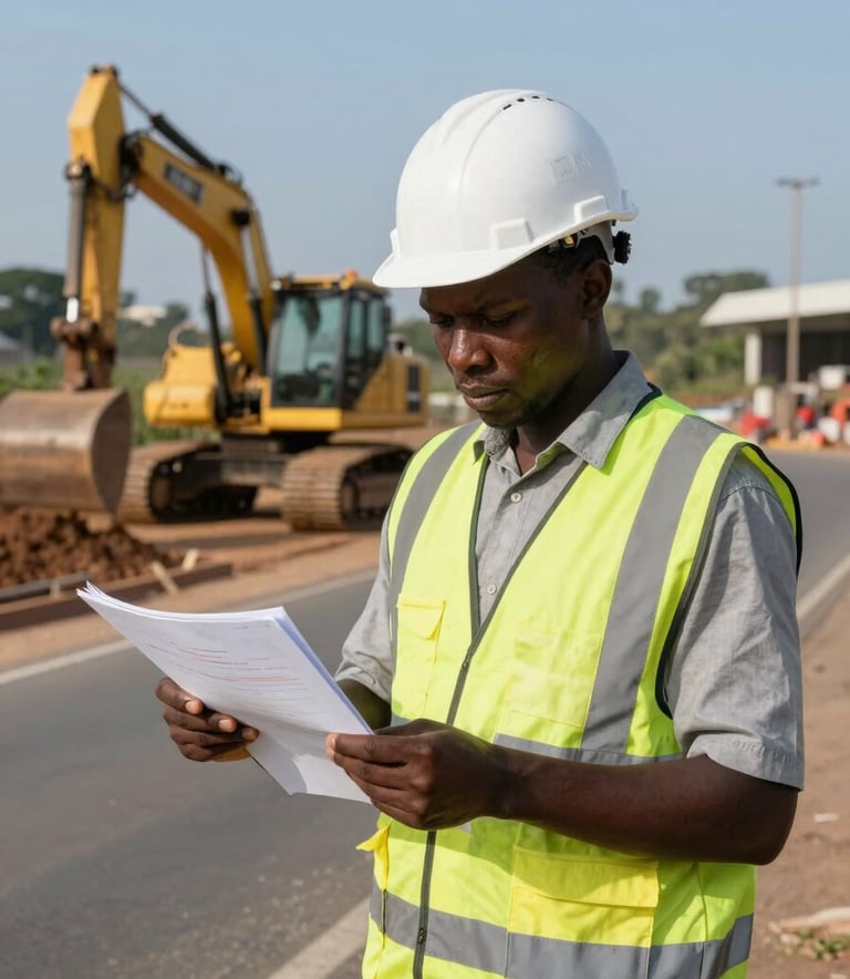 A professional civil engineer in a white hard hat and safety vest standing on a road construction site in Kinshasa, looking at a technical document, background shows construction machinery under a clear blue sky, Central African / Congolese region.