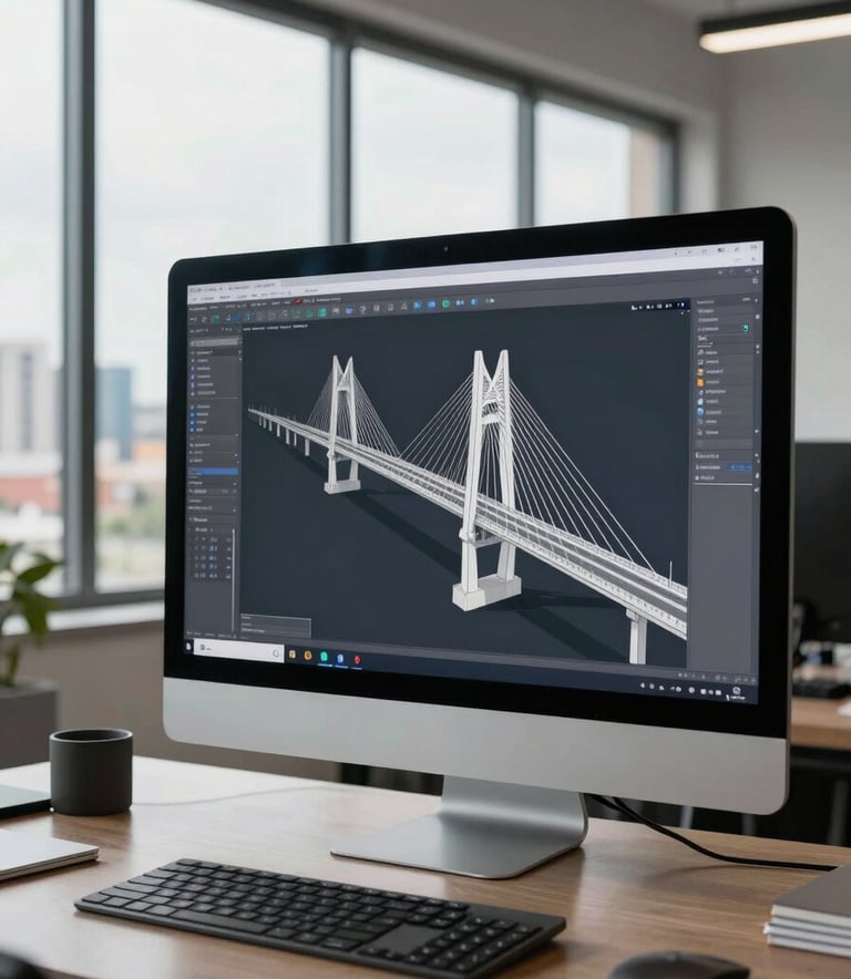 A modern engineering office in Gombe, Kinshasa, with wide windows overlooking the city. A large computer monitor shows a professional 3D structural model of a bridge, reflecting a clean, technical environment in Central African / Congolese context.