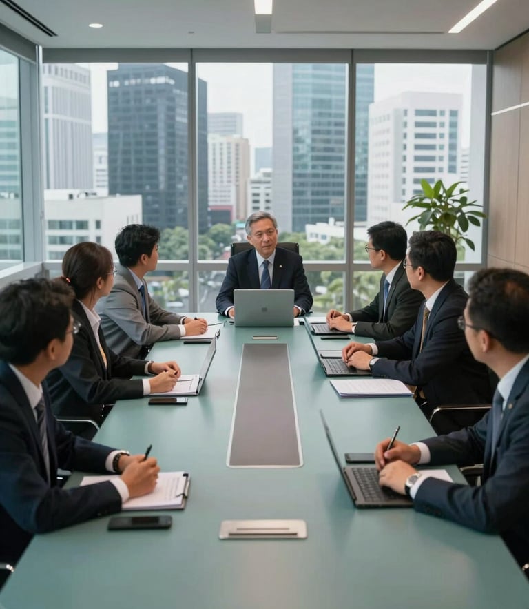 A wide shot of a sleek, modern corporate boardroom in a Southeast Asian / Indonesian city. Professionals are gathered around a Slate Teal table, engaged in a collaborative strategy meeting. The atmosphere is sophisticated and highlights modern leadership.