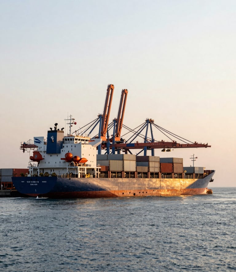 A wide-angle shot of cargo ships at a modern Southeast Asian / Indonesian port during sunset, warm lighting, Muted Steel Blue ocean colors and a clear Elegant Pearl White sky.