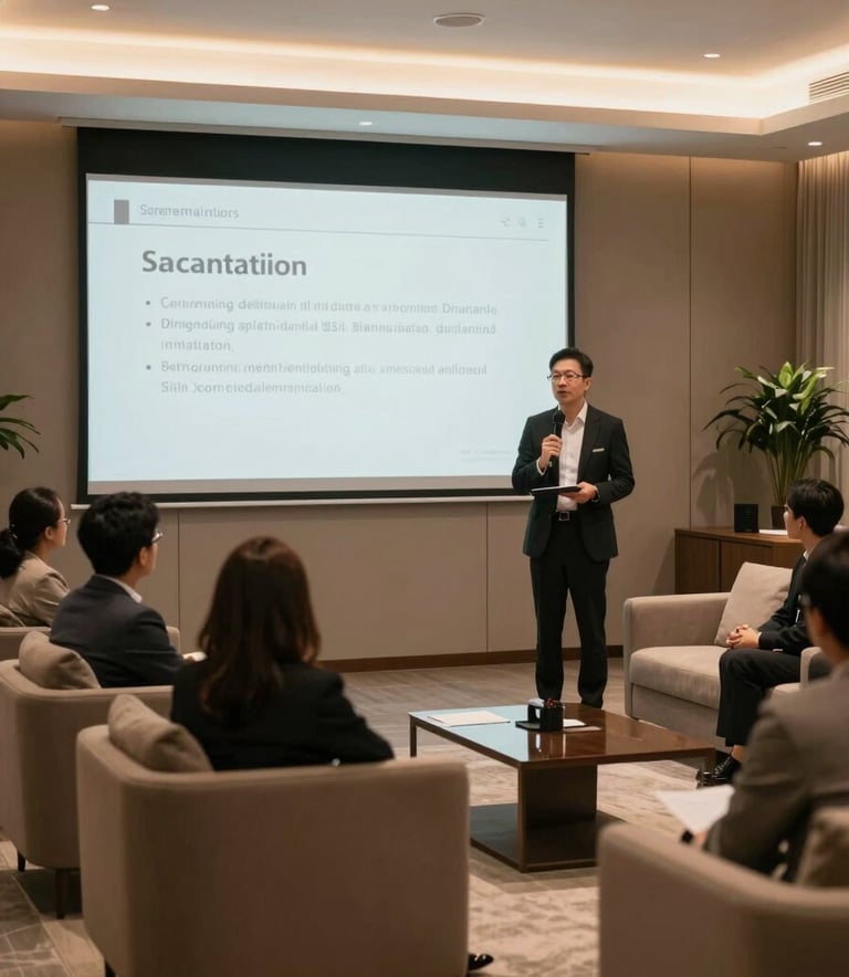 A sleek, professional marketing presentation taking place in a high-end Southeast Asian / Indonesian corporate lounge, Soft Warm Taupe furniture, cinematic lighting.