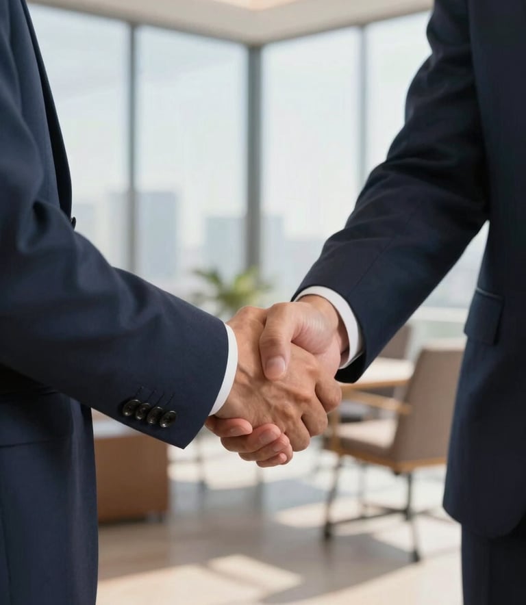 A close-up of a professional business handshake between two corporate leaders in a modern Southeast Asian / Indonesian office setting. The lighting is bright and natural, reflecting through large windows. The scene includes elements of Deep Navy and Warm Sand in the office decor.