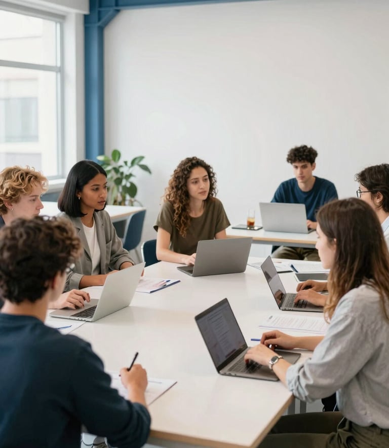 A professional photography shot of a diverse group of young adults in a bright, modern co-working space, engaged in a collaborative workshop. The room features Ice White walls and Steel Blue accents. The lighting is bright and natural, reflecting an empowering and intelligent atmosphere.