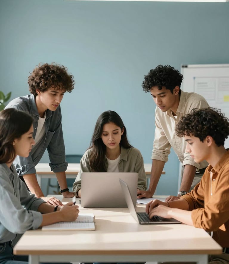 A group of diverse young professionals and students collaborating around a large table in a clean, modern workspace with soft azure walls and natural sunlight.