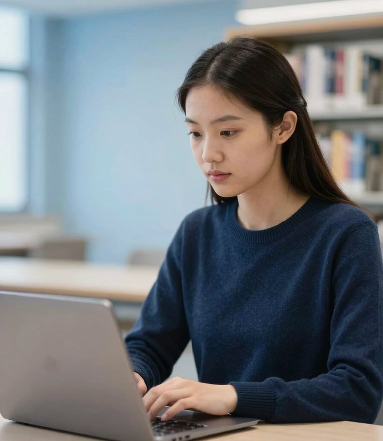 A clean, eye-level photograph of a focused university student using a laptop in a modern library. She is wearing a Deep Navy sweater. The background is a Soft Sky Blue and Ice White blurred interior, emphasizing a quiet, professional, and intuitive learning environment.