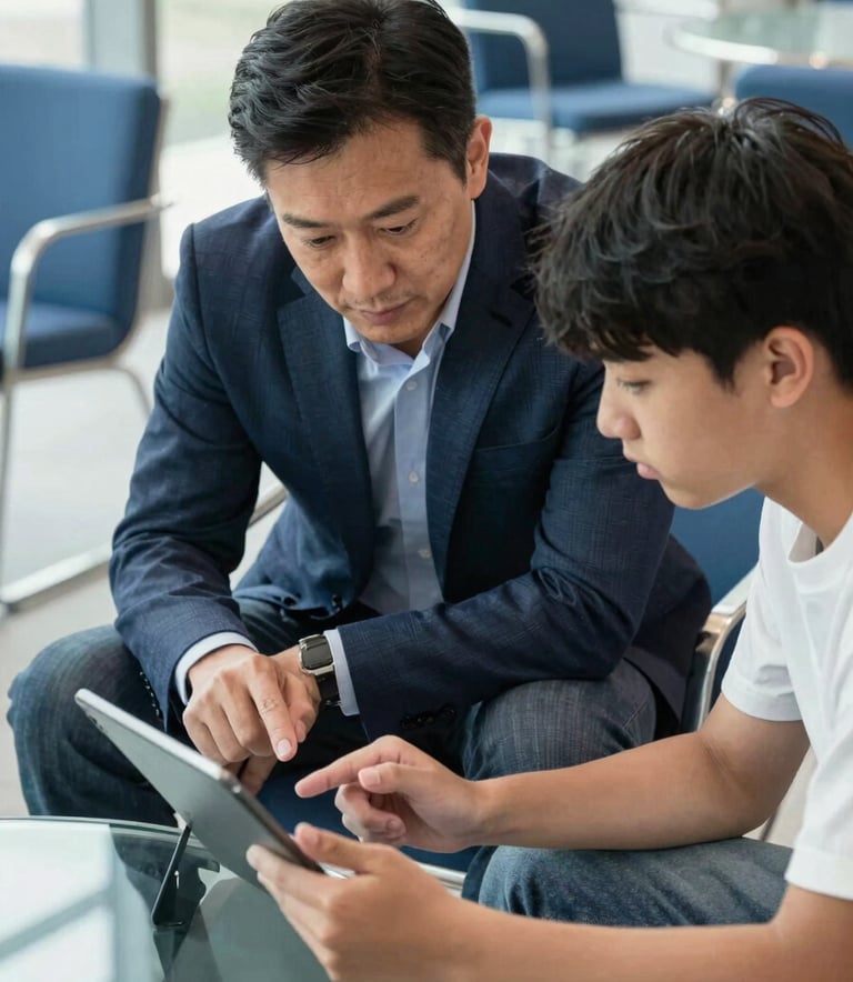 A close-up shot of a professional mentor and a college student reviewing a digital tablet together in a bright, modern lounge with steel blue chairs and clean glass surfaces.