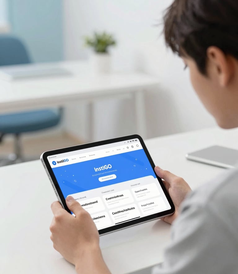 A focused student using a tablet to compare different coaching institutes on the InstiGO platform. The setting is a bright, minimal workspace with #A8C9D0 tones in the decor, reflecting a clean and modern academic discovery vibe.