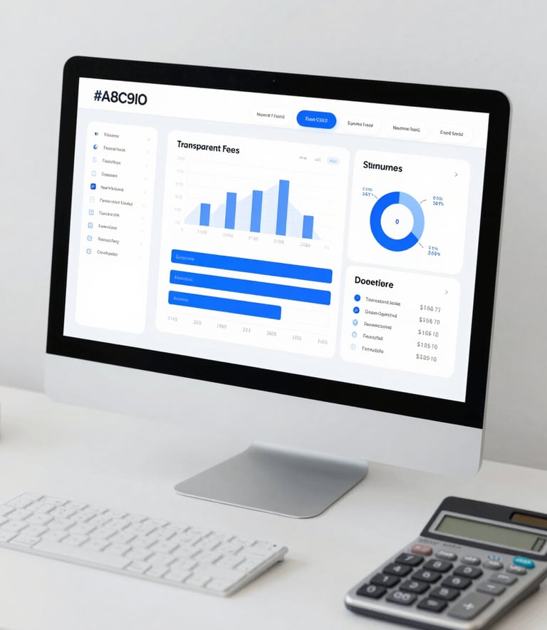 A minimalist, high-key photograph of a modern financial dashboard and calculator on a desk, symbolizing transparent fee structures, with a focus on #A8C9D0 and #3C6B7B accents. Professional and organized.