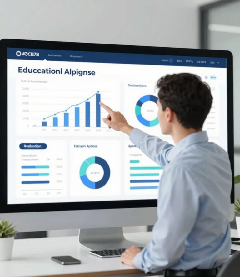 A clean, modern office setting where a professional advisor points to a digital dashboard showing educational data charts. The atmosphere is trustworthy and bright, incorporating subtle blue accents of #3C6B7B and #1A2E35 in the furniture and UI.