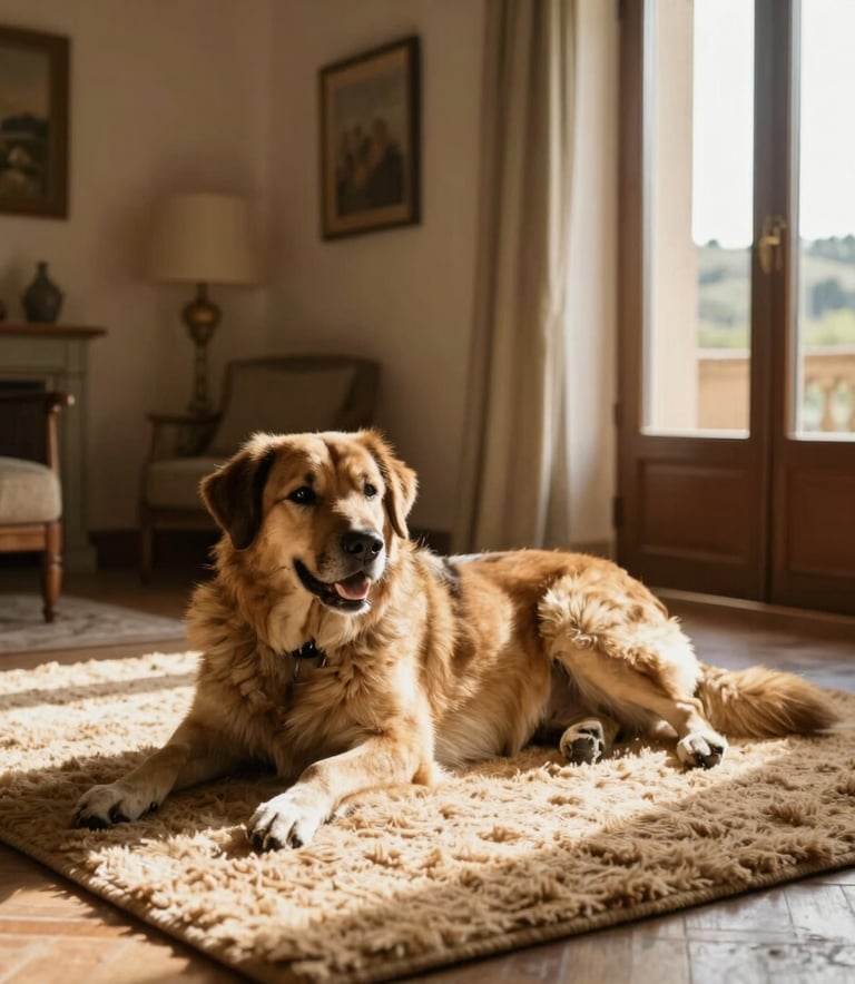 A cozy and elegant home interior in Fiesole with a large dog resting happily on a soft tan rug near a sunlit window, Southern European style architecture, warm and inviting atmosphere.