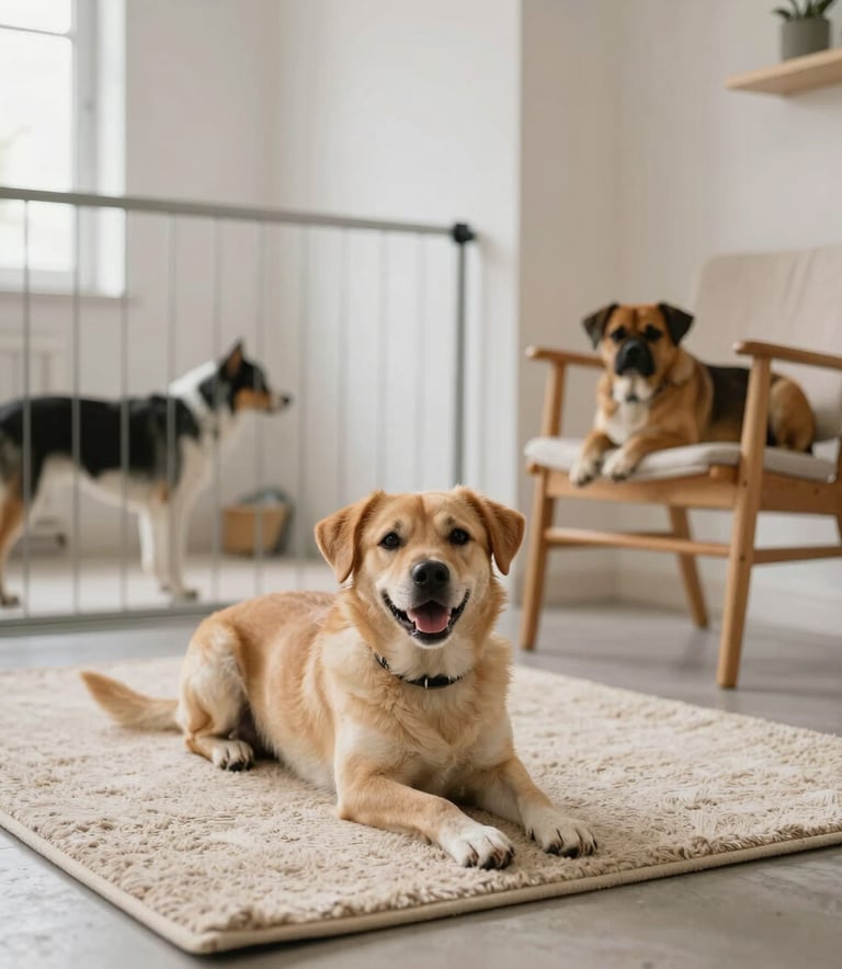 A clean and cozy indoor doggie daycare environment in a Southern European / Italian home, featuring a comfortable rug and natural light, with a happy dog resting near a wooden chair.