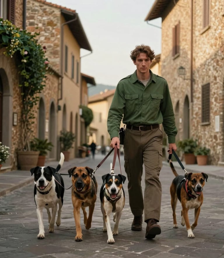 A professional dog walker leading three well-behaved dogs through the historic streets of Fiesole, Southern European style attire, soft afternoon light, warm green and tan color palette.