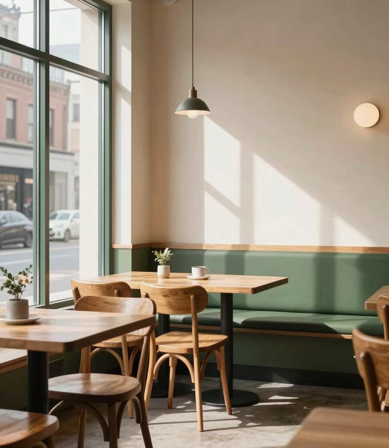 A cozy, Scandinavian-style restaurant interior in a North American / US city, featuring Matte Forest Green accents, clean Crisp Parchment walls, and warm wooden furniture, soft morning light pouring through large windows, peaceful and inviting.
