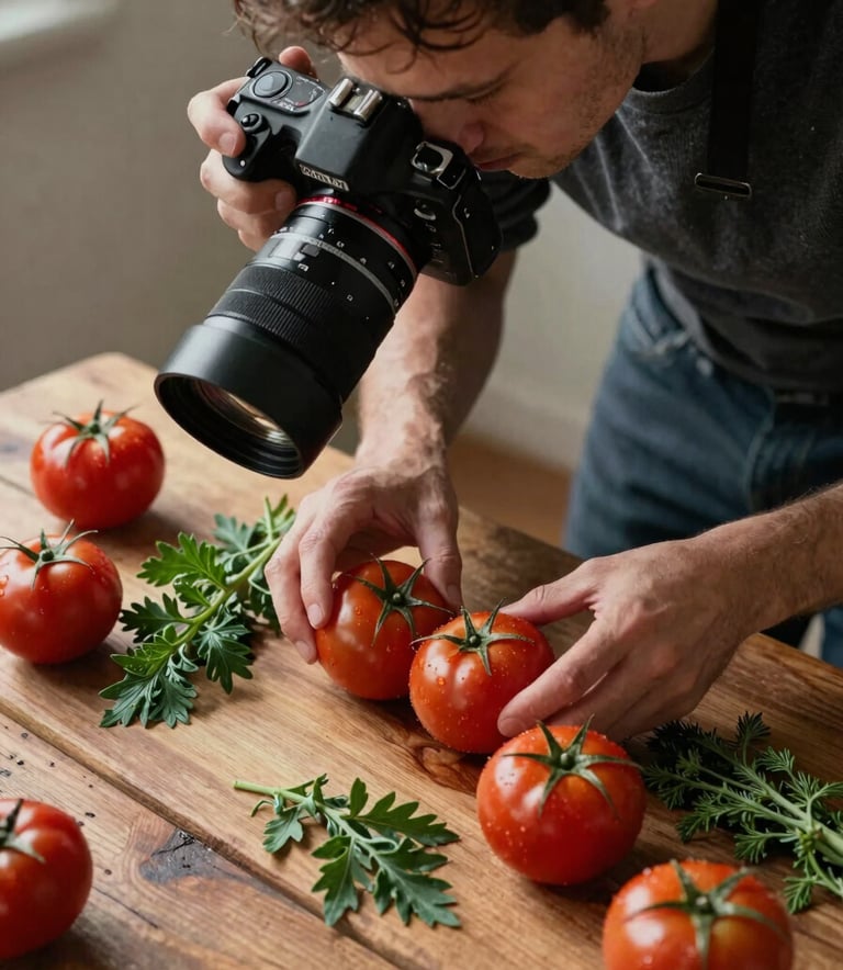 A high-angle photography shot of a professional photographer in a North American / US studio setting, meticulously arranging Deep Ripe Crimson tomatoes and Matte Forest Green herbs on a rustic wooden table, soft natural side lighting, sophisticated and professional atmosphere.