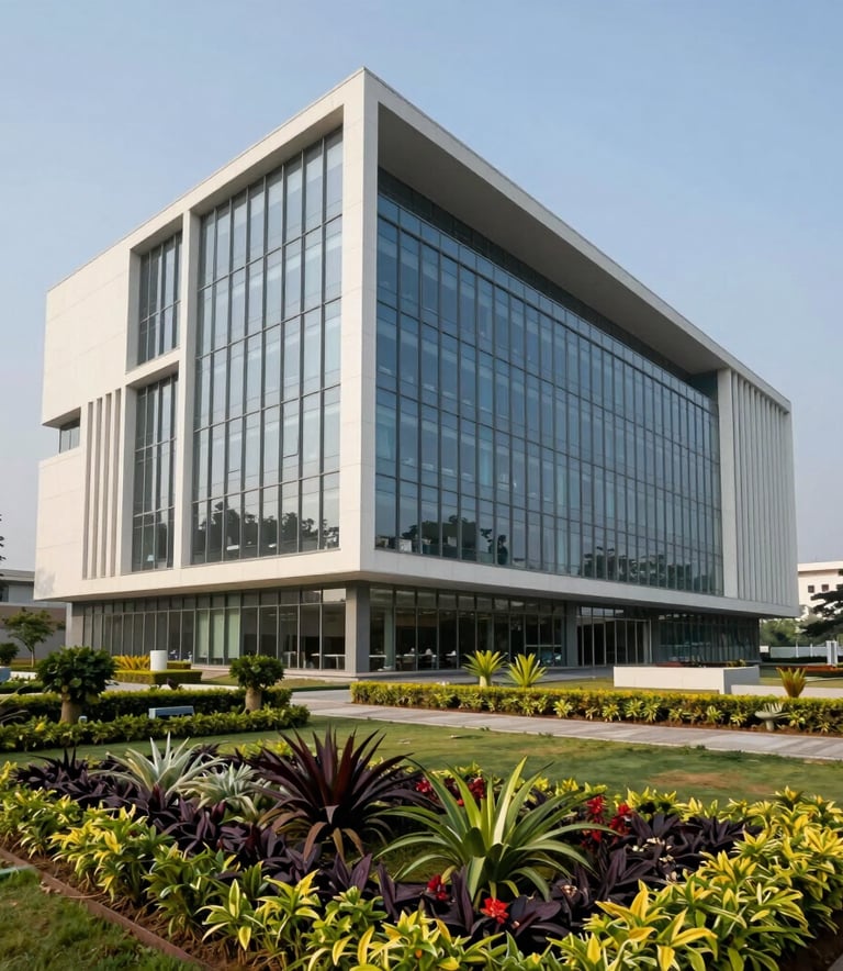 Professional architectural photography of a modern Indian university library building with clean lines and glass facade, under a clear sky. In the foreground, a beautifully landscaped garden with South Asian vegetation reflects the sophisticated atmosphere of top private institutions.