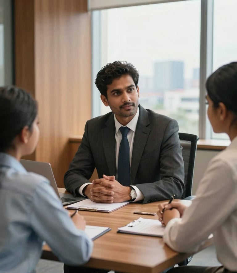 A South Asian male consultant in business attire having a professional meeting with a parent and student. They are seated in a clean, modern Indian office with warm wooden accents and a view of the city through the window.